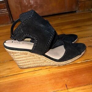 Via Spiga Izett Black Suede Wedge Espadrille Sandal - Size 8.5